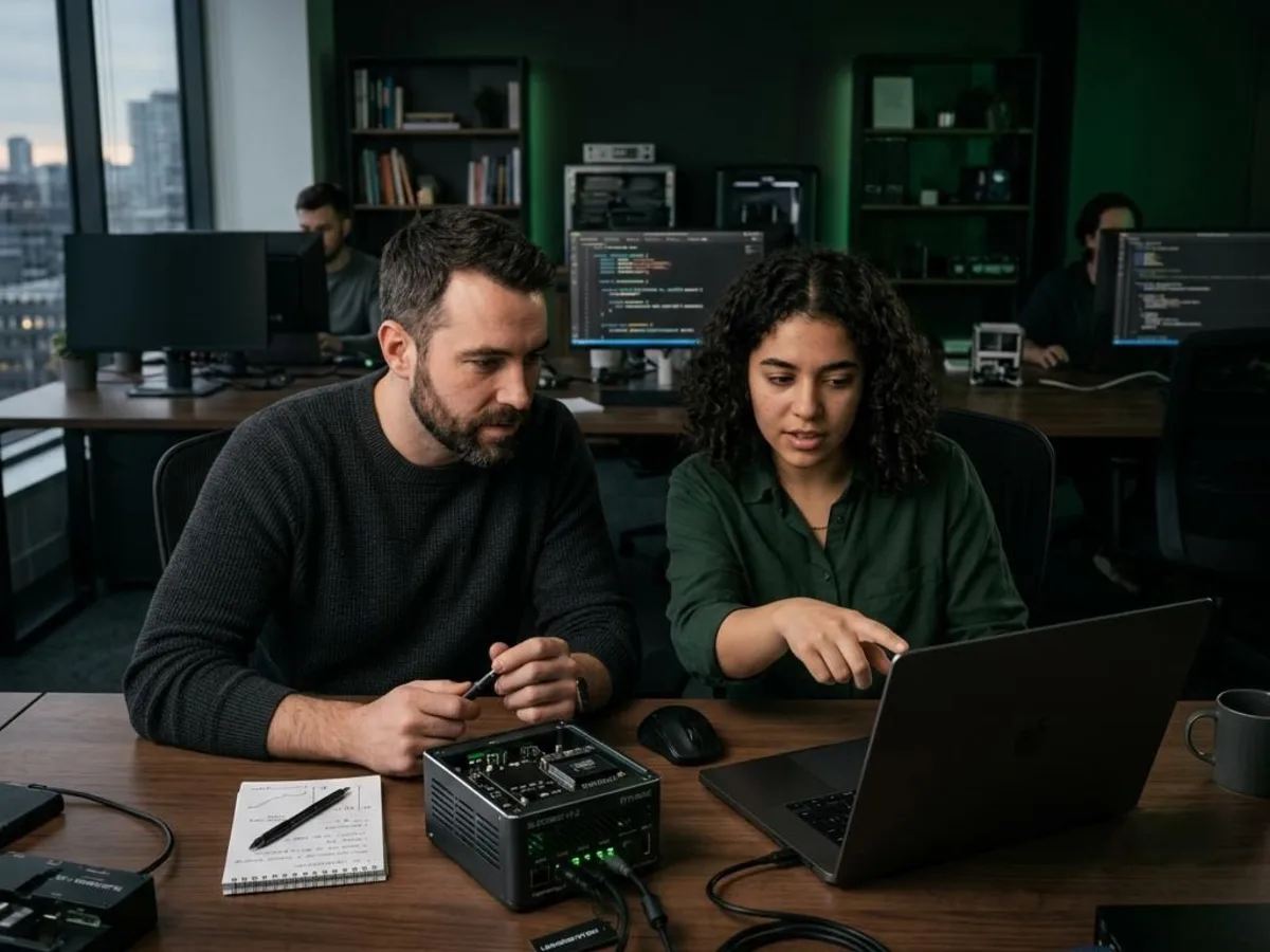 Blockchain developers reviewing a laptop and computing hardware