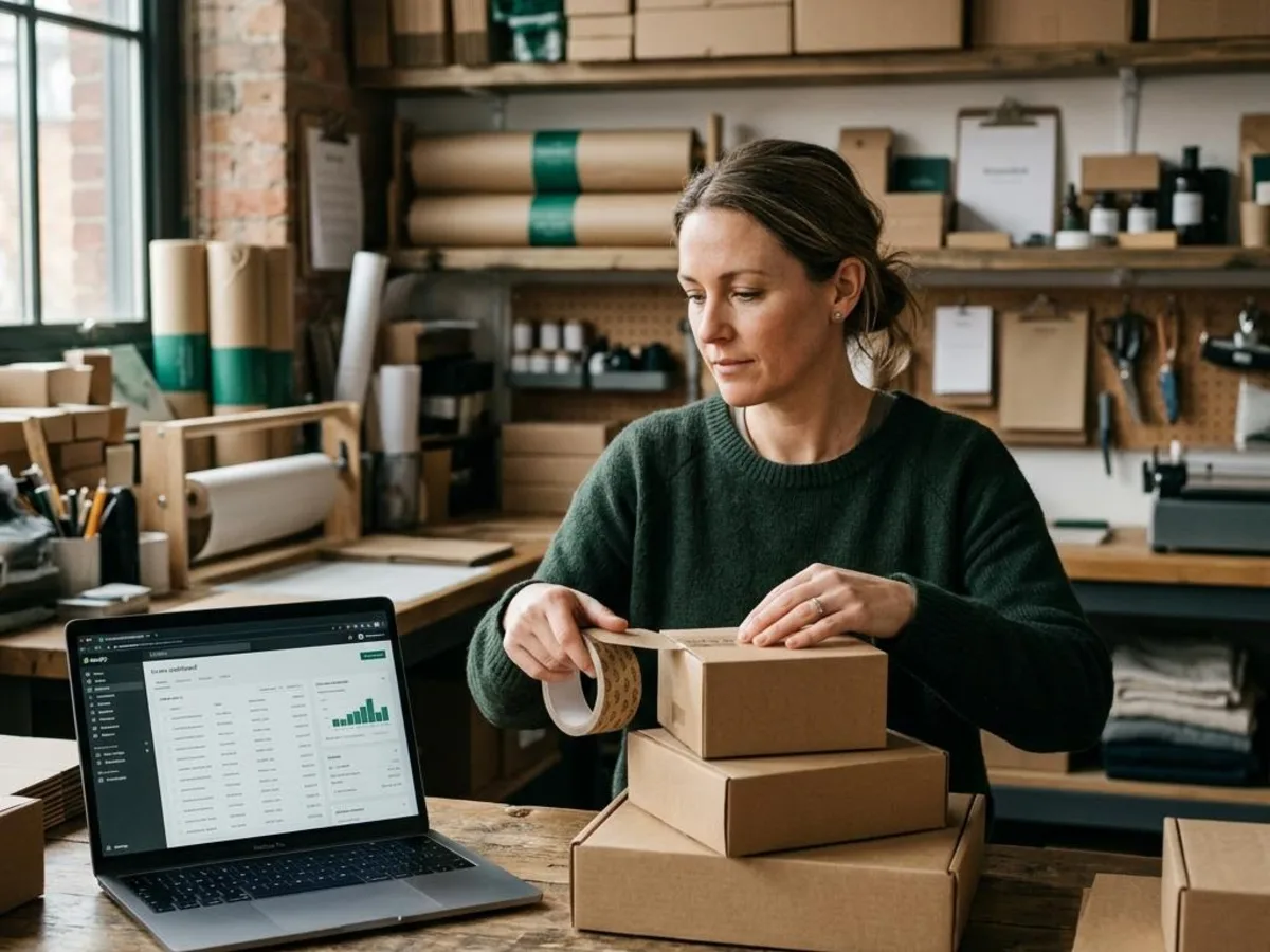 Ecommerce owner preparing shipping boxes beside a laptop