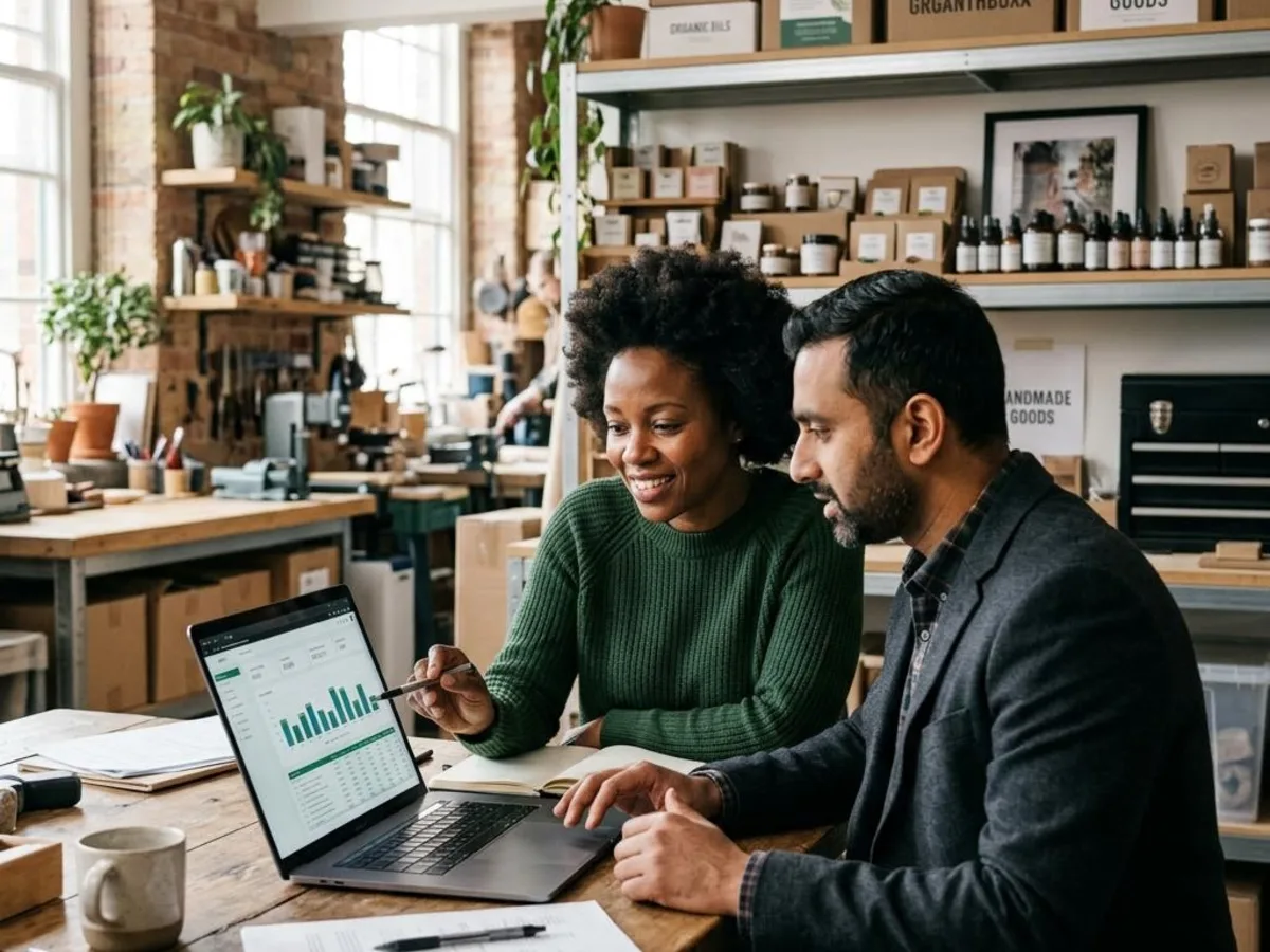 Business owner and advisor reviewing operations at a laptop