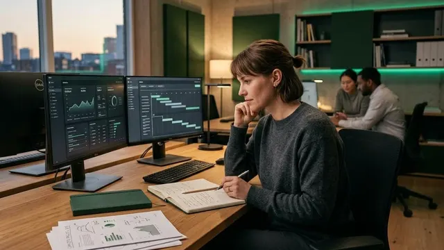 Modern operations workspace with monitors and project notes