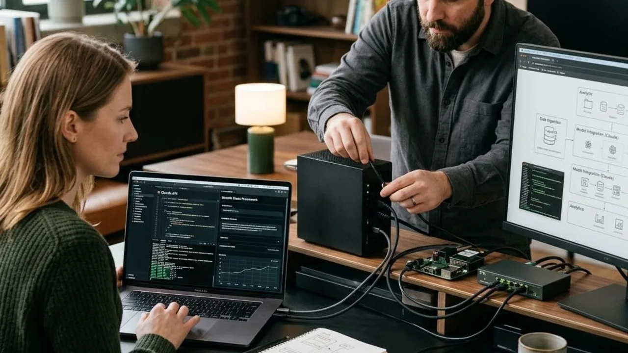 Laptop and interconnected computing components on a workbench