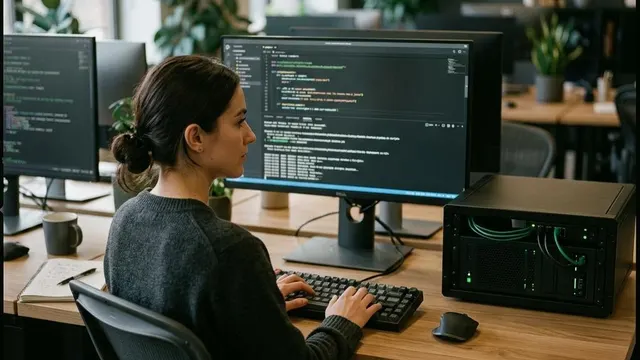 Developer working beside a compact server