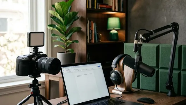Compact content studio with camera, microphone and laptop