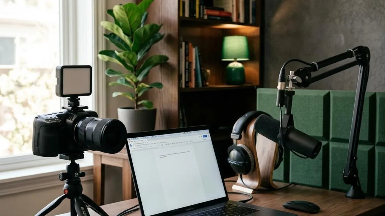 Compact content studio with camera, microphone and laptop