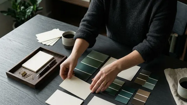 Brand strategist arranging paper cards and color samples