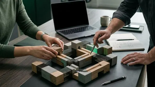 Modular architectural blocks beside a laptop