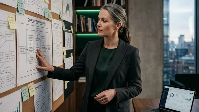 Marketing leader reviewing a planning wall in an office