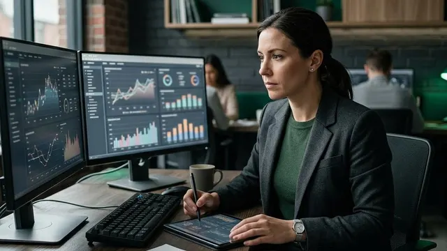 Analyst comparing charts across several monitors