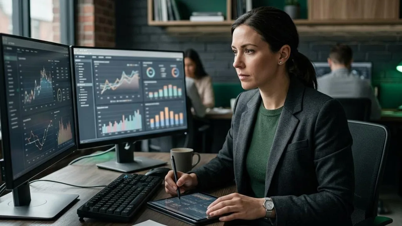 Analyst comparing charts across several monitors