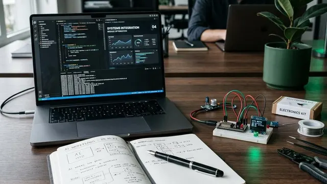 Laptop, notebook and electronics arranged for hands-on AI systems learning