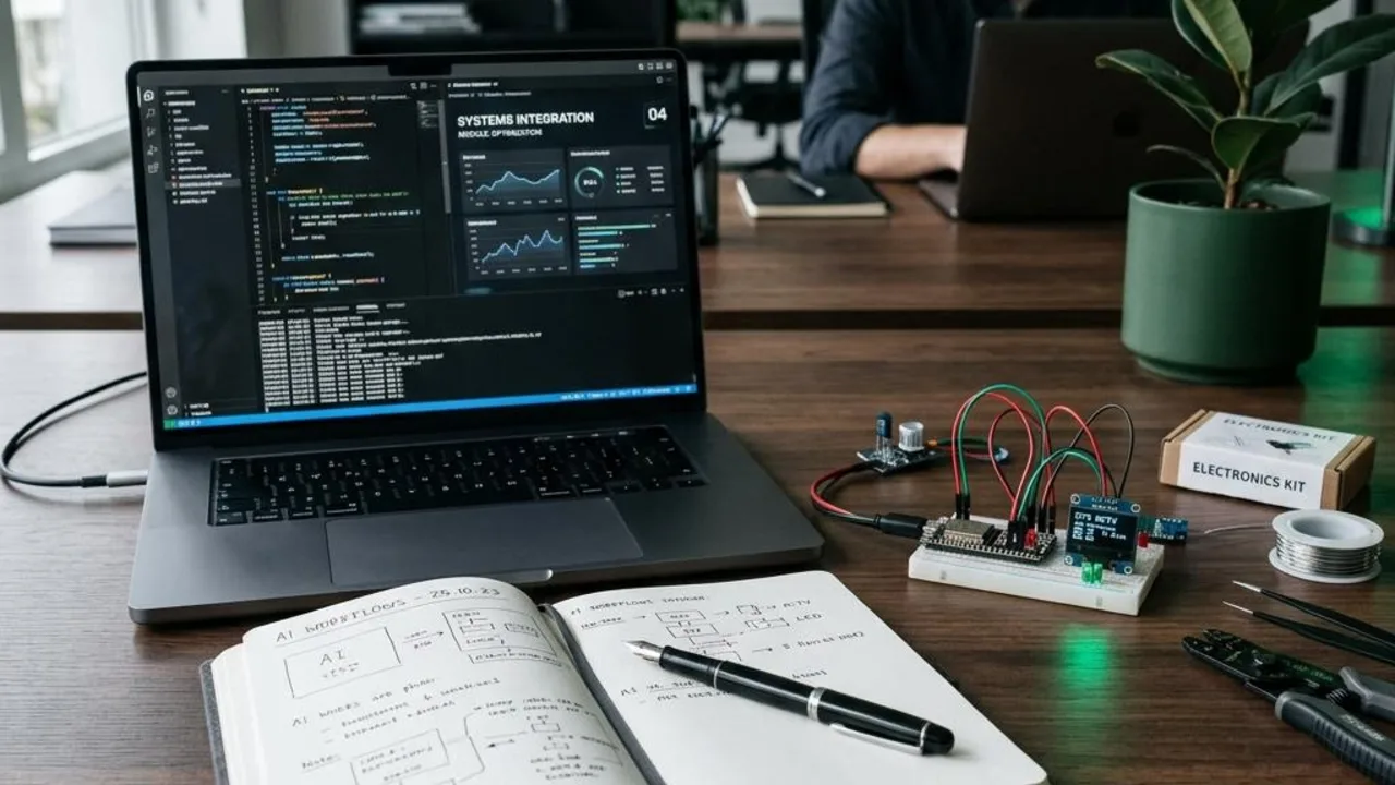 Laptop, notebook and electronics arranged for hands-on AI systems learning