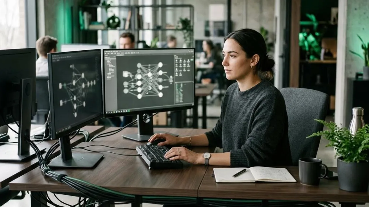 Growth engineer working with network diagrams on dual monitors