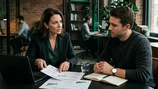 Marketing advisor discussing a growth plan with a founder