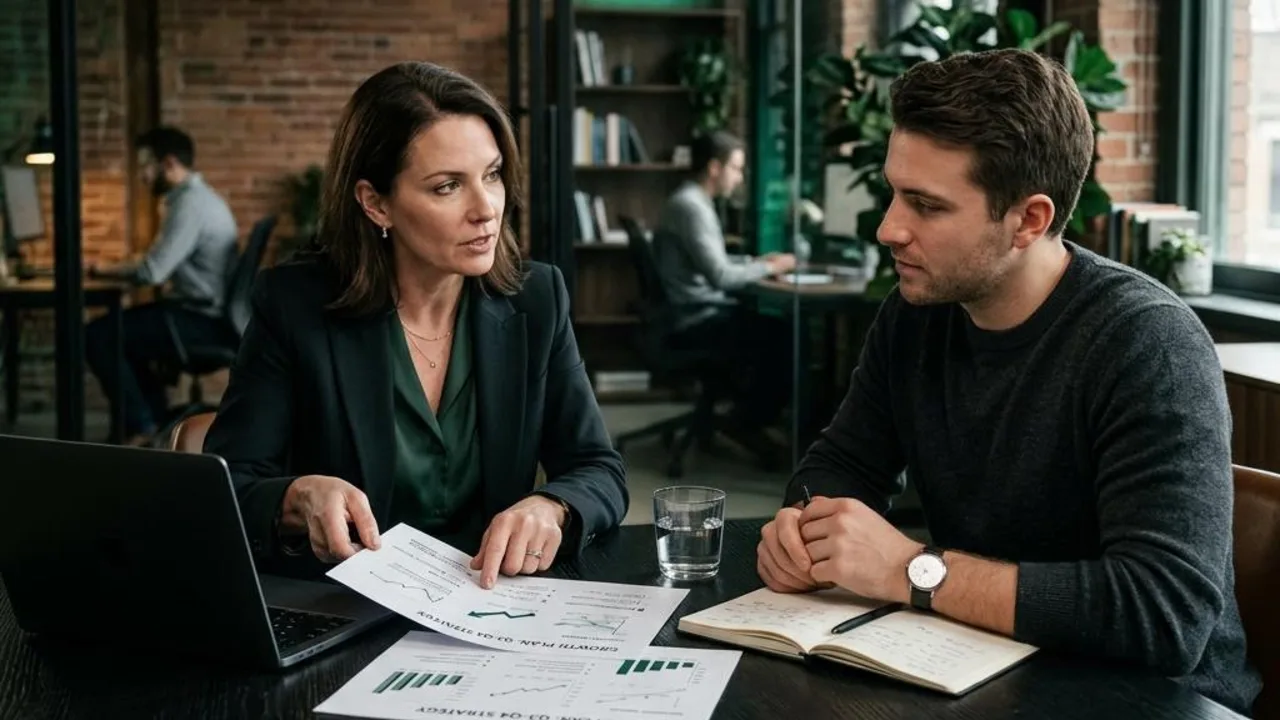 Marketing advisor discussing a growth plan with a founder