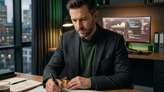 Analyst studying a complex planning diagram at a desk