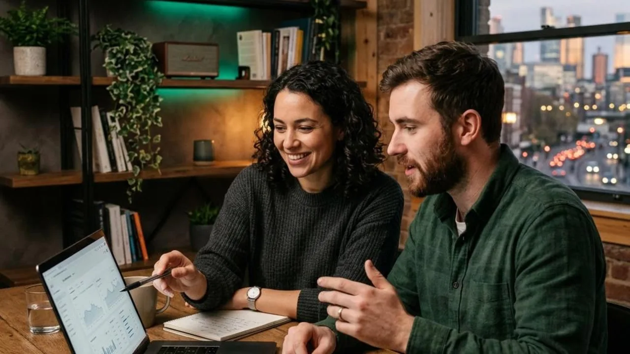 Two startup founders collaborating in an evening studio