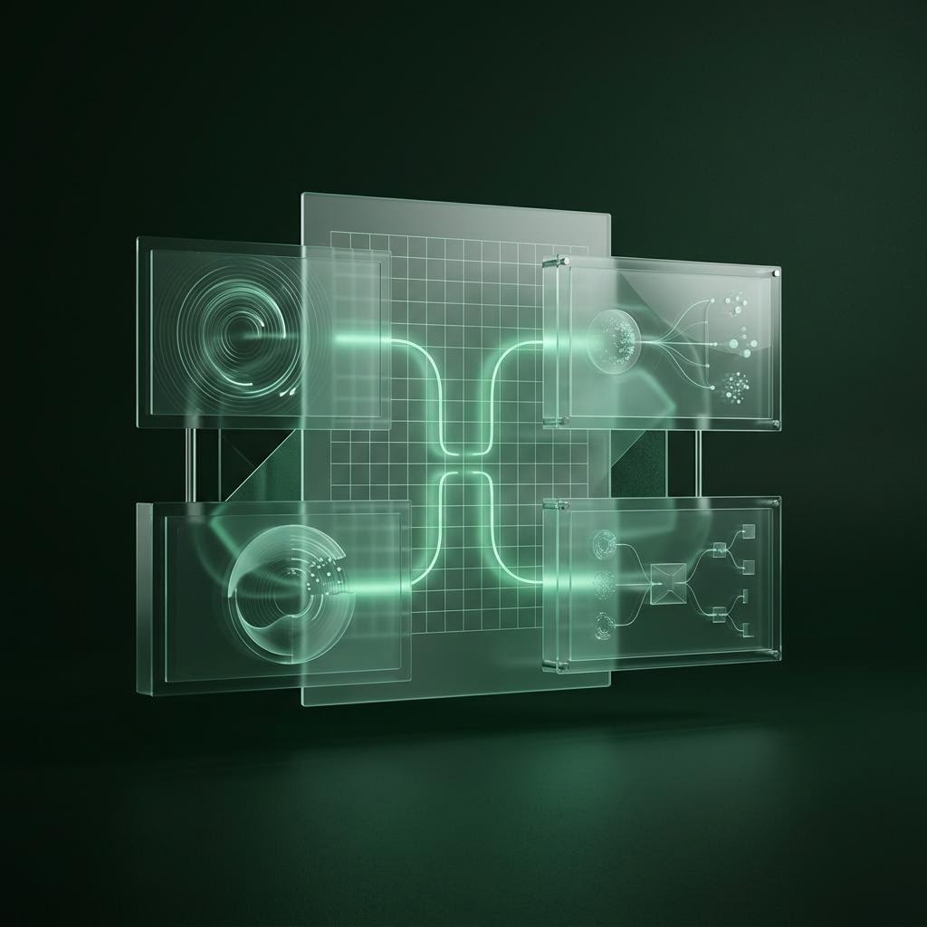 Spreadsheet grid feeding into four dashboard panels